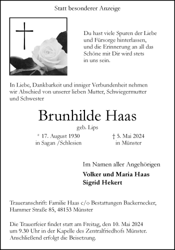 Anzeige von Brunhilde Haas 