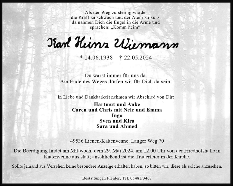  Traueranzeige für Karl Heinz Wiemann vom 25.05.2024 aus 