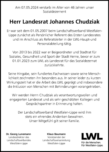 Anzeige von Johannes Chudziak 