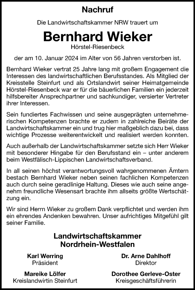  Traueranzeige für Bernhard Wieker vom 17.01.2024 aus 