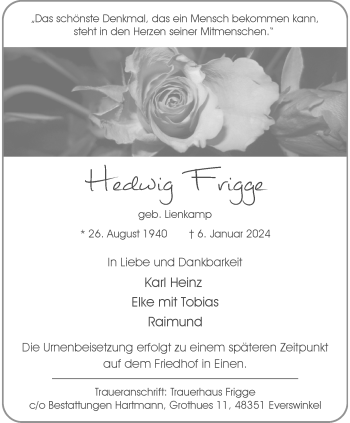 Anzeige von Hedwig Frigge 