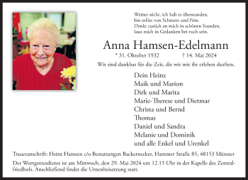 Anzeige von Anna Hamsen-Edelmann 