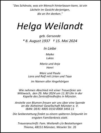 Anzeige von Helga Weilandt 