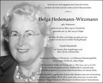 Anzeige von Helga Hedemann-Witzmann 