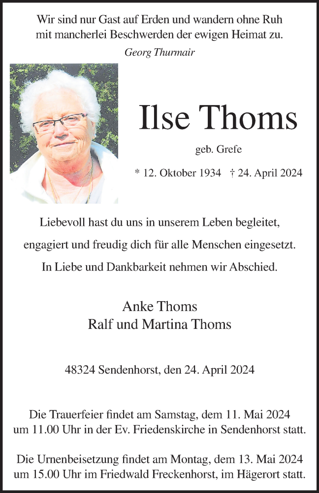  Traueranzeige für Ilse Thoms vom 04.05.2024 aus 