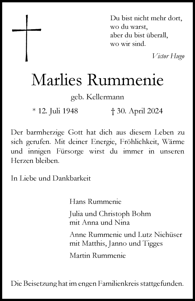  Traueranzeige für Marlies Rummenie vom 15.05.2024 aus 