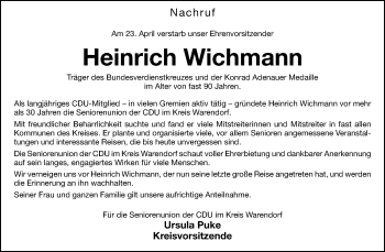 Anzeige von Heinrich Wichmann 