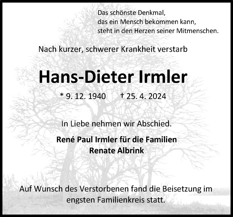  Traueranzeige für Hans-Dieter Irmler vom 11.05.2024 aus 
