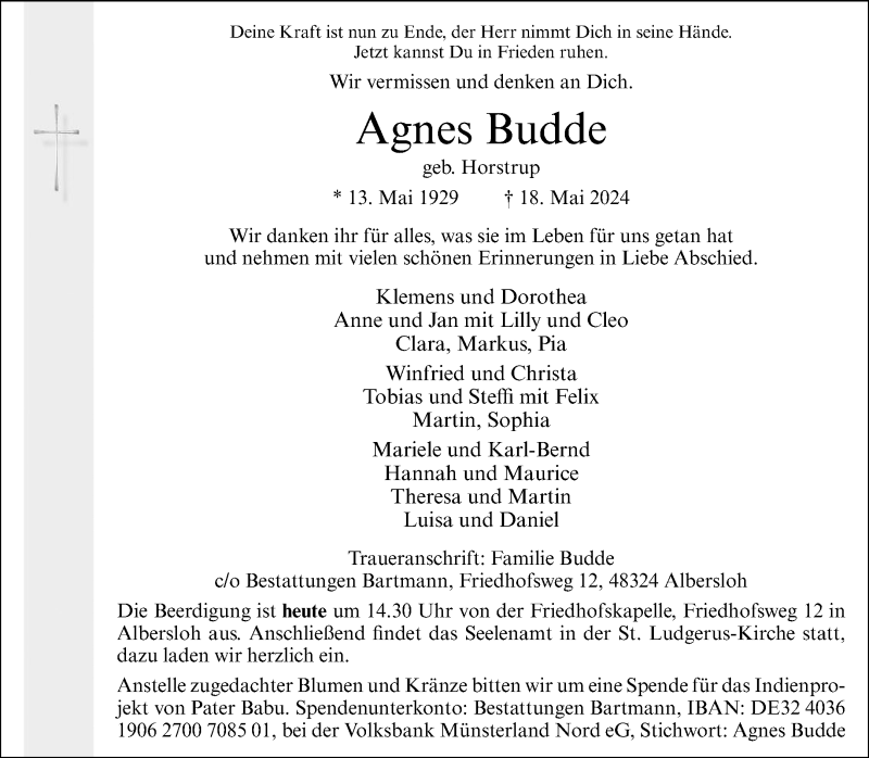  Traueranzeige für Agnes Budde vom 22.05.2024 aus 