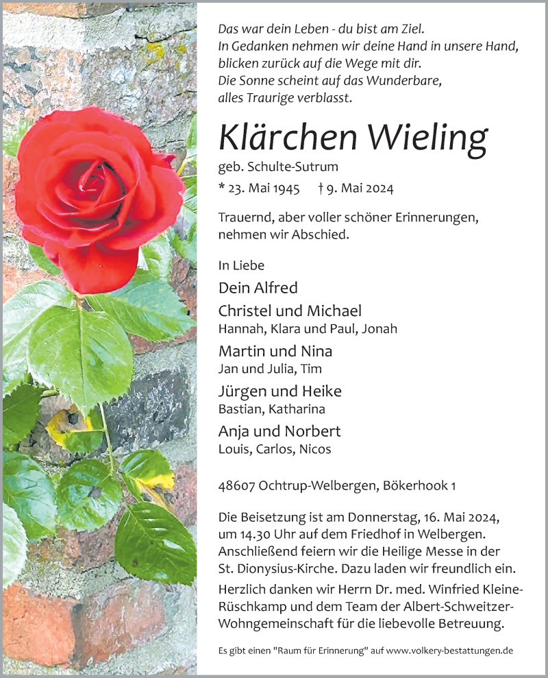  Traueranzeige für Klärchen Wieling vom 11.05.2024 aus 