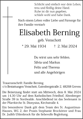 Anzeige von Elisabeth Berning 
