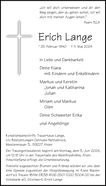 Anzeige von Erich Lange 