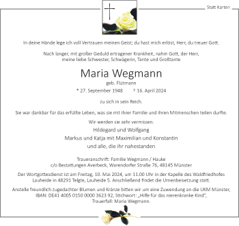 Anzeige von Maria Wegmann 