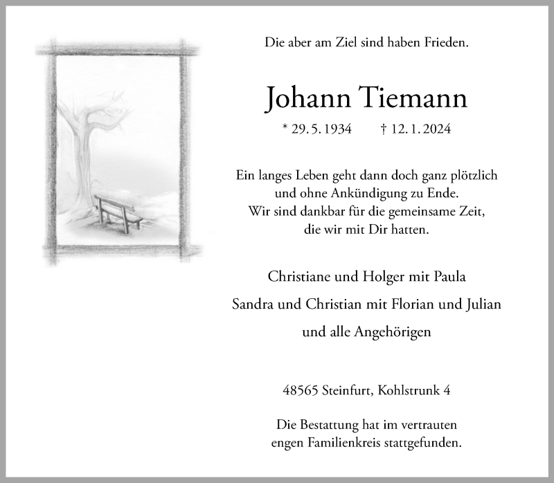  Traueranzeige für Johann Tiemann vom 20.01.2024 aus 