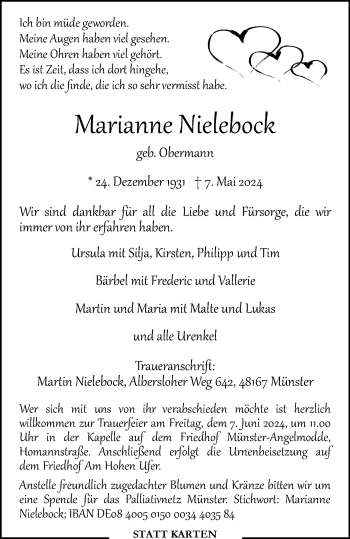 Anzeige von Marianne Nielebock * 