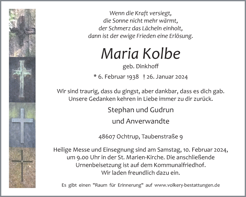 Traueranzeige für Maria Kolbe vom 30.01.2024 aus 