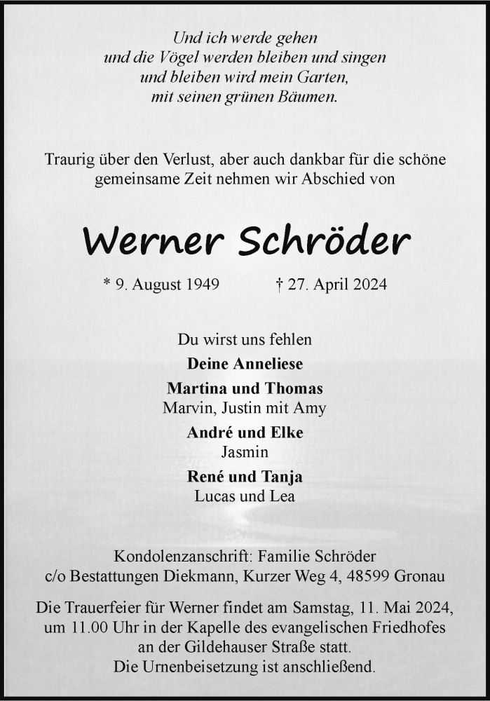  Traueranzeige für Werner Schröder vom 04.05.2024 aus 