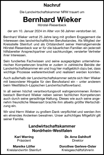 Anzeige von Bernhard Wieker 