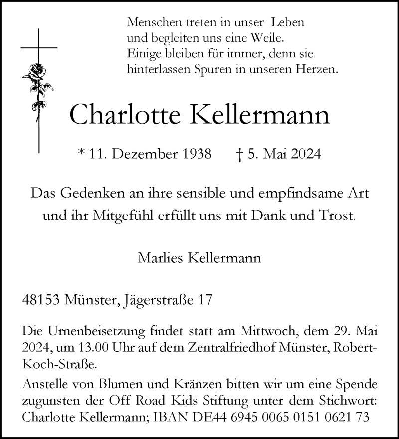  Traueranzeige für Charlotte Kellermann vom 18.05.2024 aus 