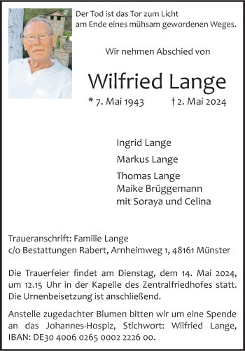 Anzeige von Wilfried Lange 