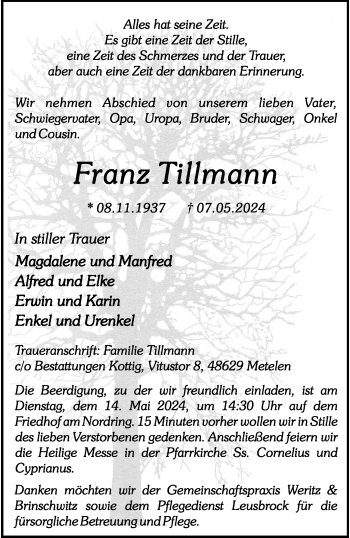 Anzeige von Franz Tillmann 