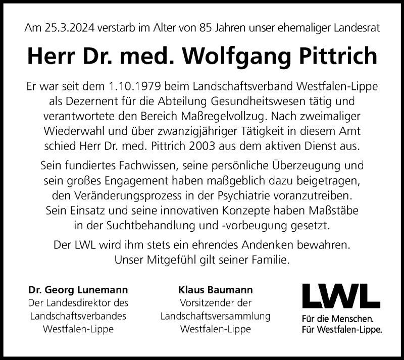  Traueranzeige für Dr. med. Wolfgang Pittrich vom 01.05.2024 aus 