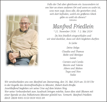 Anzeige von Manfred Friedlein 