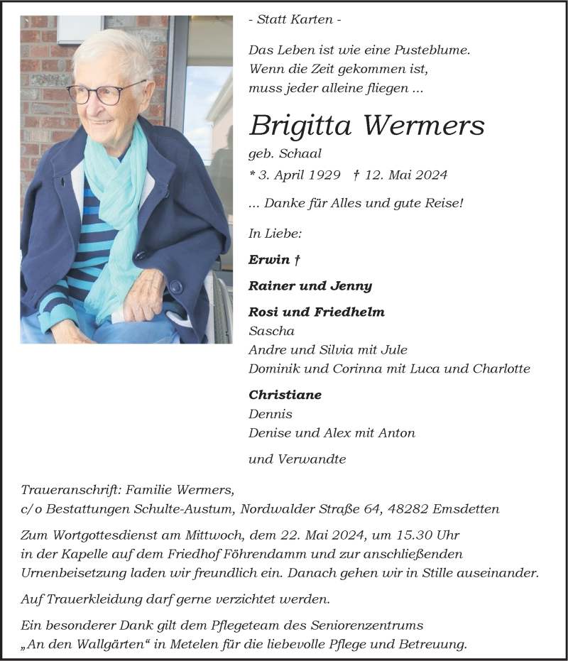  Traueranzeige für Brigitta Wermers vom 18.05.2024 aus 