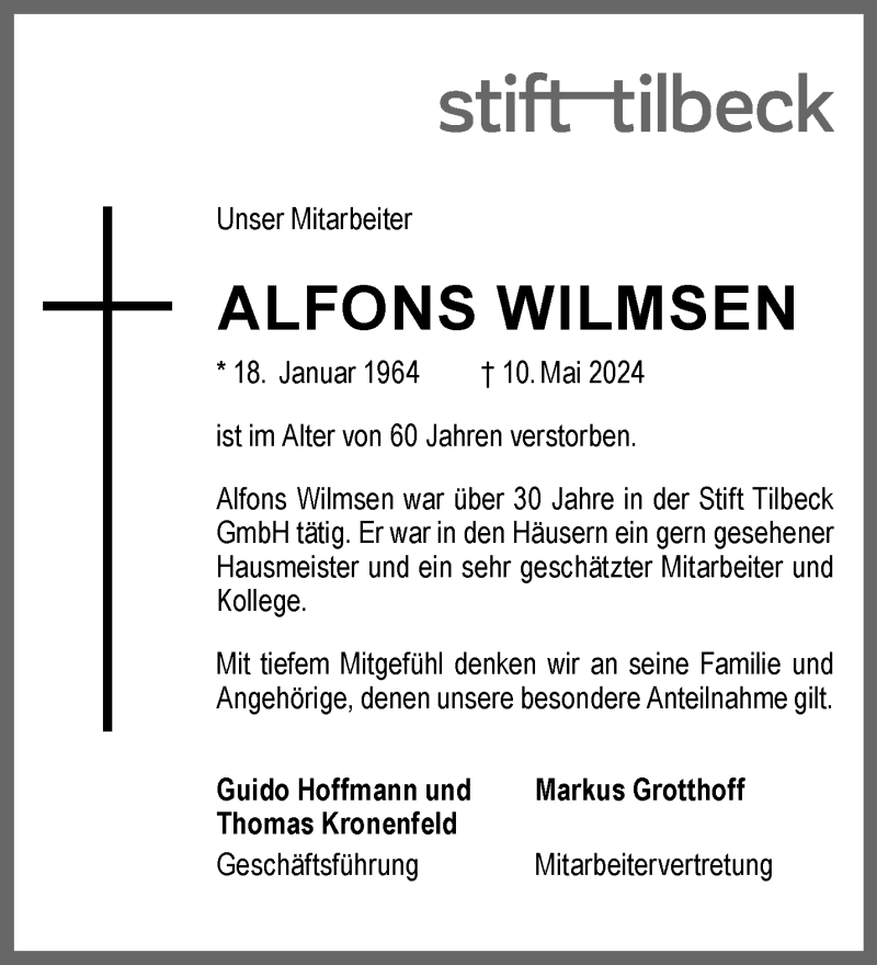  Traueranzeige für Alfons Wilmsen vom 18.05.2024 aus 
