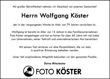Anzeige von Wolfgang Köster 