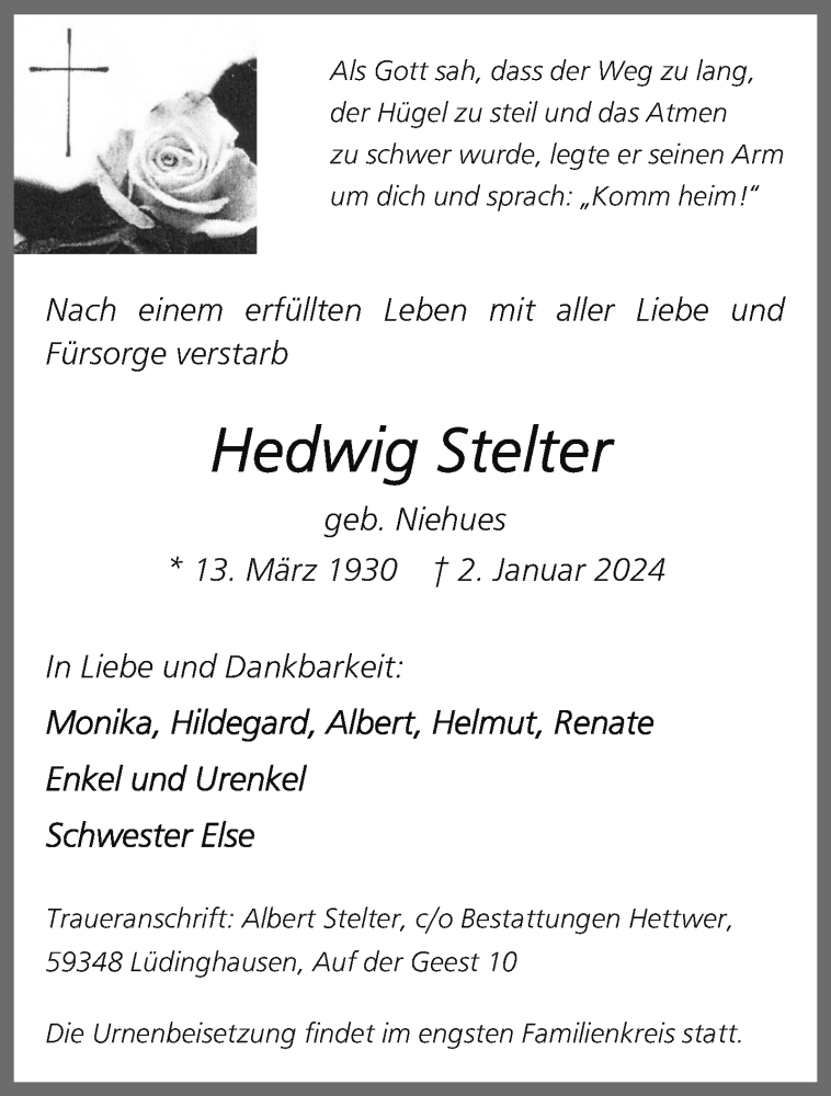  Traueranzeige für Hedwig Stelter vom 13.01.2024 aus 