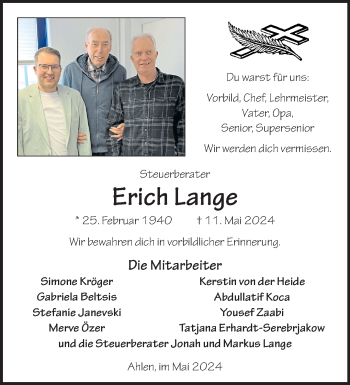 Anzeige von Erich Lange 