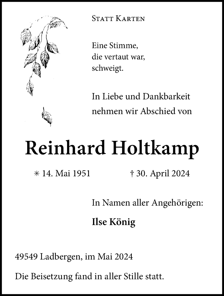  Traueranzeige für Reinhard Holtkamp vom 18.05.2024 aus 