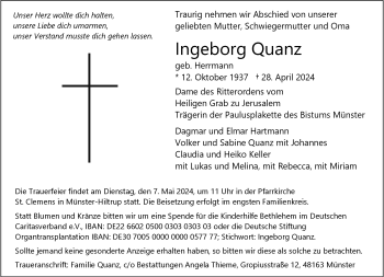 Anzeige von Ingeborg Quanz 
