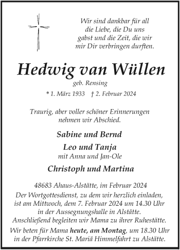 Anzeige von Hedwig van Wüllen 