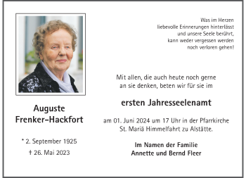 Anzeige von Auguste Frenker-Hackfort 