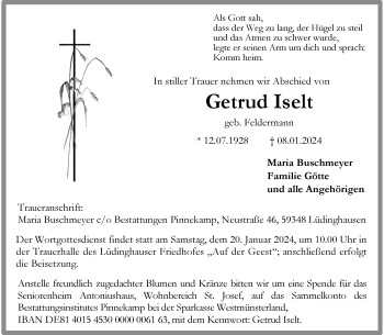 Anzeige von Getrud Iselt 