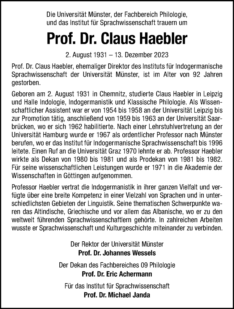  Traueranzeige für Prof. Dr. Claus Haebler vom 20.01.2024 aus 