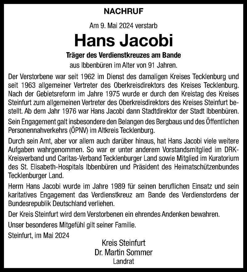  Traueranzeige für Hans Jacobi vom 18.05.2024 aus 