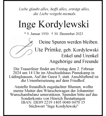 Anzeige von Inge Kordylewski 