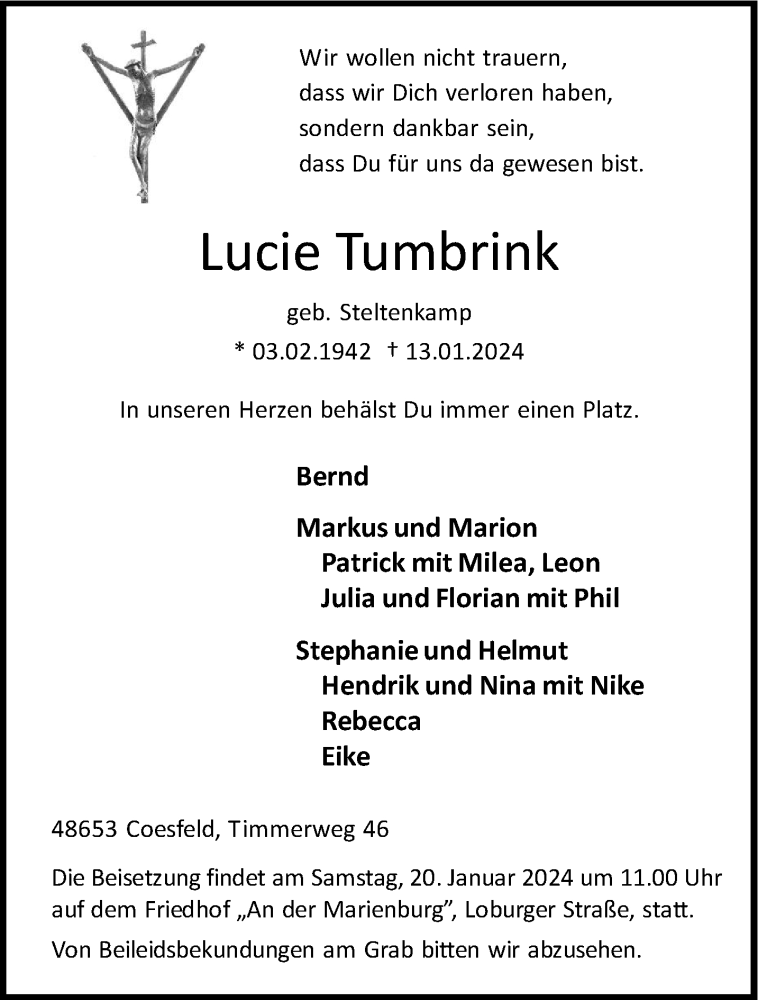  Traueranzeige für Lucie Tumbrink vom 17.01.2024 aus 