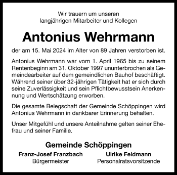 Anzeige von Antonius Wehrmann 