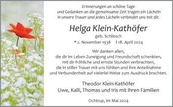 Anzeige von Helga Klein-Kathöfer * 