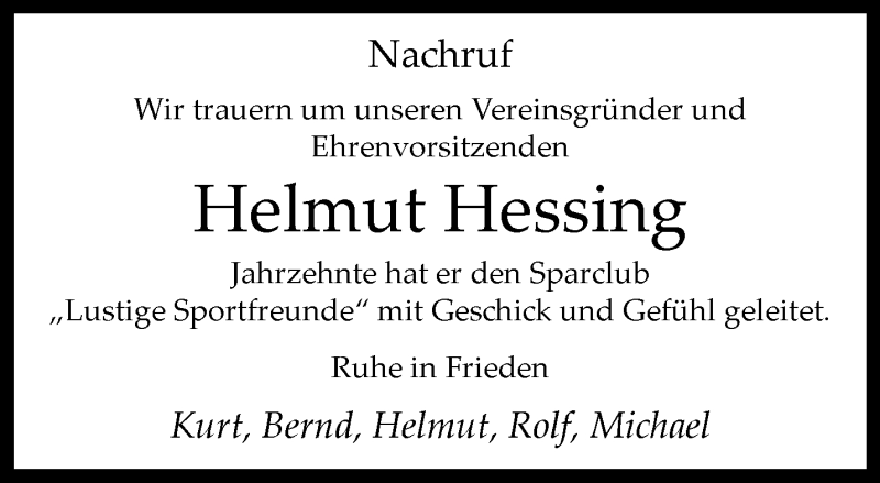  Traueranzeige für Helmut Hessing vom 24.01.2024 aus 
