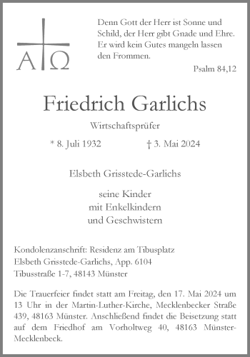 Anzeige von Friedrich Garlichs 
