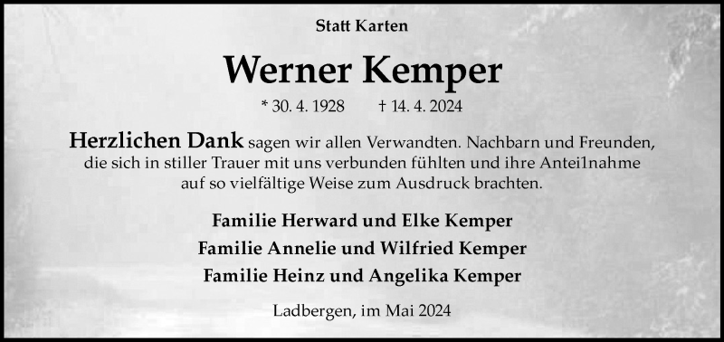  Traueranzeige für Werner Kemper vom 18.05.2024 aus 