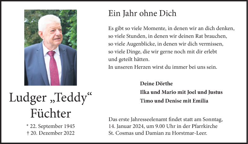  Traueranzeige für Ludger Füchter vom 10.01.2024 aus 