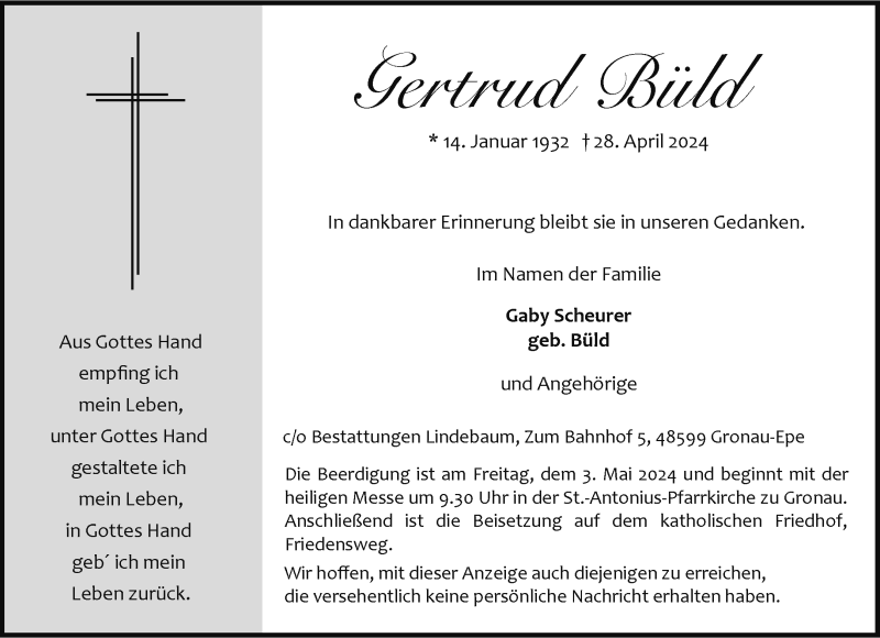  Traueranzeige für Gertrud Büld vom 01.05.2024 aus 