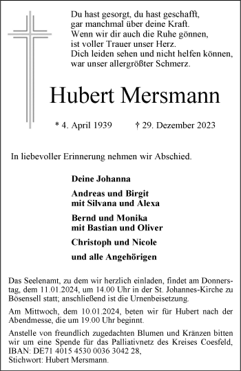 Anzeige von Hubert Mersmann 