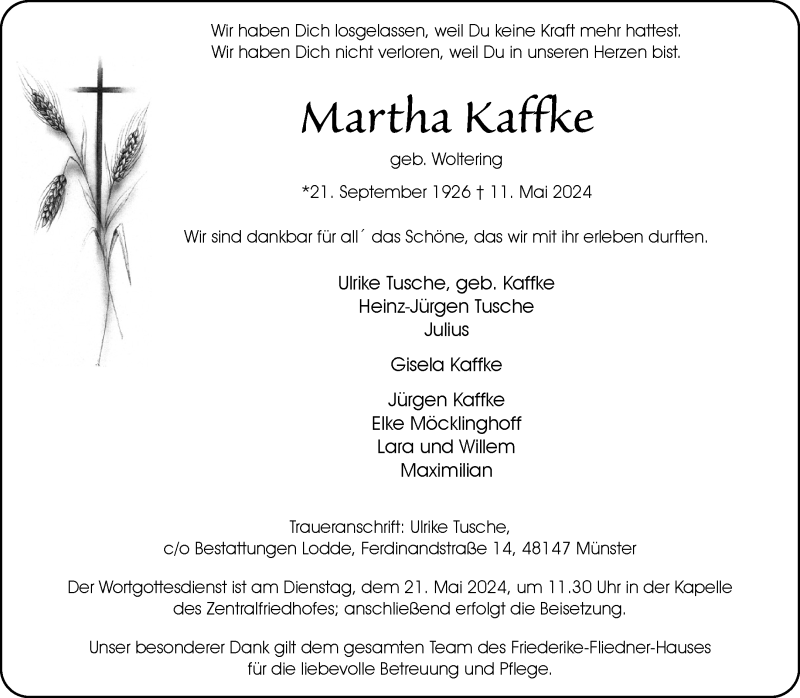  Traueranzeige für Martha Kaffke vom 18.05.2024 aus 